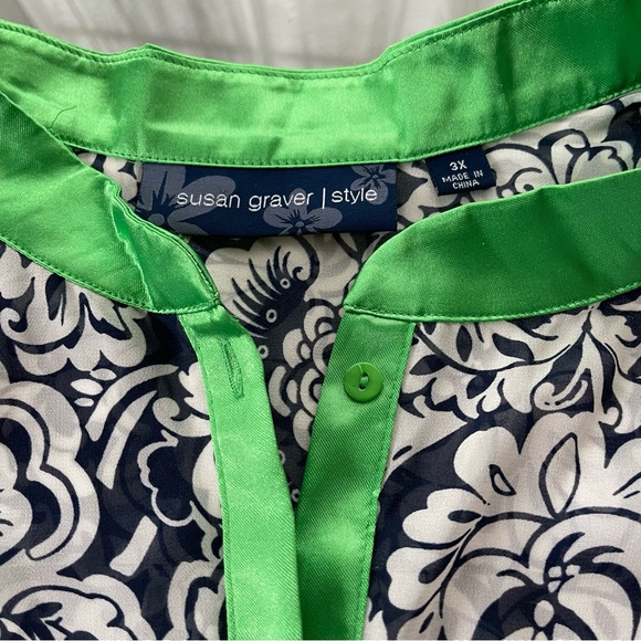 Susan Graver Top Womens 3X Navy Blue Green Trim Floral Chiffon Sheer Blouse - Picture 3 of 9